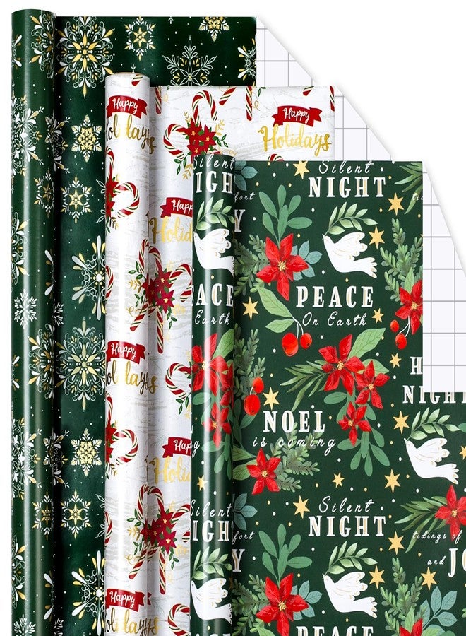 MAYPLUSS Green Christmas Wrapping Paper - 17In x 120In Per Roll - Elegant Gold Red Poinsettia, Vintage Snowflake, Peaceful Dove & Olive Branch in Flight Winter Gift Wrap for Christmas, Holiday, Party - Image 2